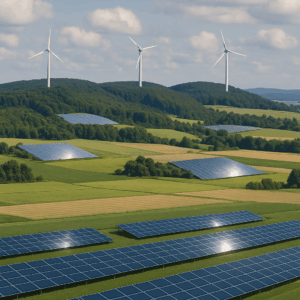 Symbolische Landschaft mit Windrädern auf den Hügeln und großflächigen Solarparks auf Feldern – Sinnbild für den massiven Eingriff in Natur und Landschaft.
