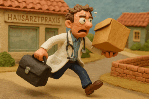 Ein stilisierter, rennender Arzt im Claymation-Stil mit Koffer und Umzugskarton vor einer alten Hausarztpraxis mit rotem Ziegeldach.