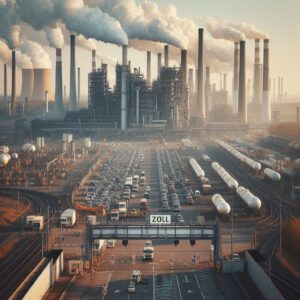 rauchende Fabriken die produzieren im Hintergrund, vorne eine große Straße mit einer Zoll Schranke