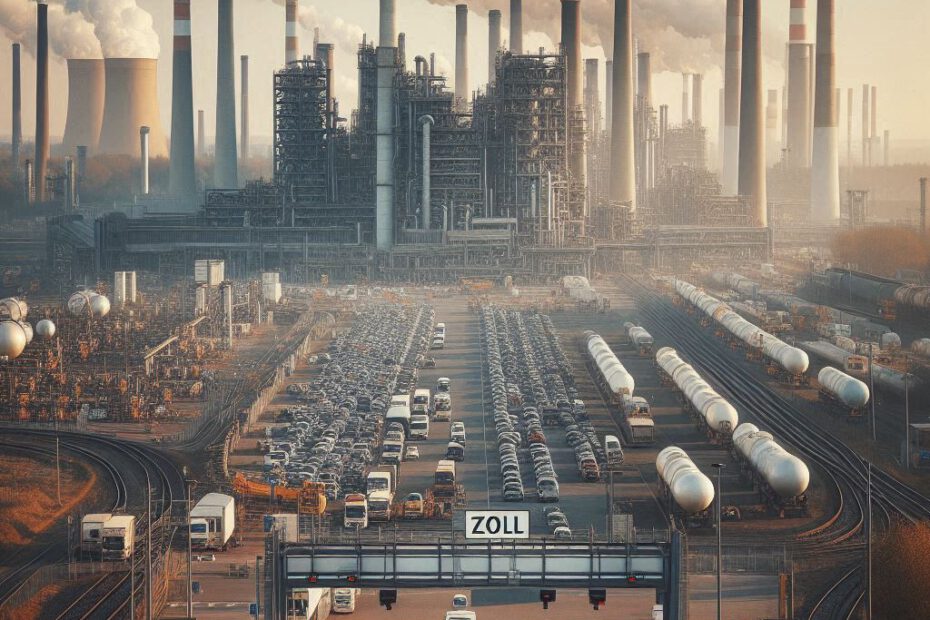 rauchende Fabriken die produzieren im Hintergrund, vorne eine große Straße mit einer Zoll Schranke