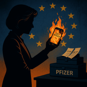Symbolhafte Darstellung: Anonyme Frau verbrennt ihr Handy vor EU-Flagge, Vertrag zerrissen, Pfizer-Aktentasche im Vordergrund