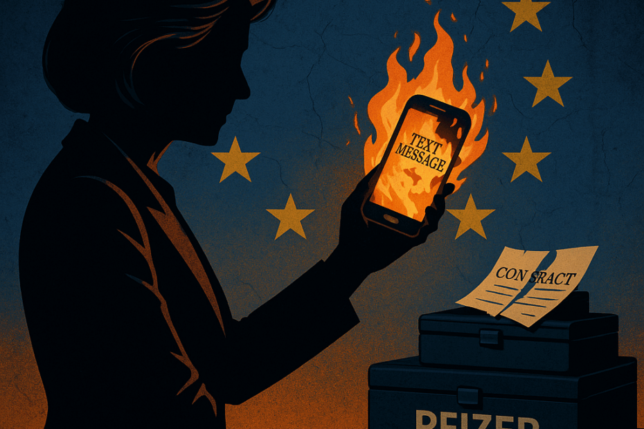 Symbolhafte Darstellung: Anonyme Frau verbrennt ihr Handy vor EU-Flagge, Vertrag zerrissen, Pfizer-Aktentasche im Vordergrund