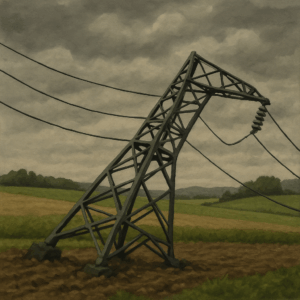 Geknickter Strommast auf einem Feld unter grauem Himmel – Symbol für Überlastung und Industrieabwanderung in Deutschland