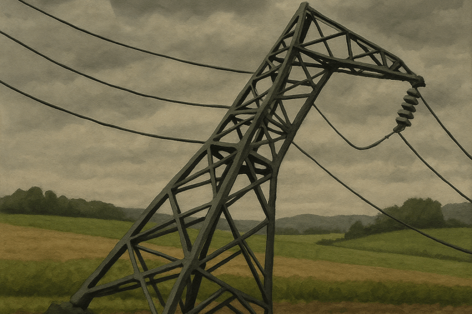 Geknickter Strommast auf einem Feld unter grauem Himmel – Symbol für Überlastung und Industrieabwanderung in Deutschland