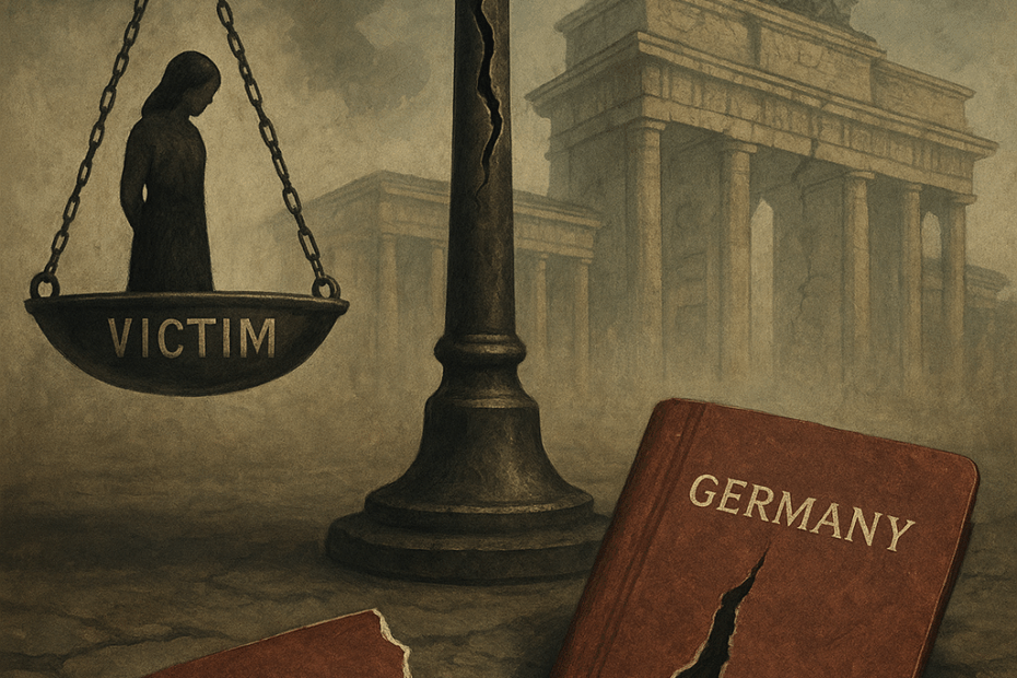 Zerbrochene Waage der Gerechtigkeit vor dem Brandenburger Tor, symbolisiert die Schieflage im deutschen Rechtssystem