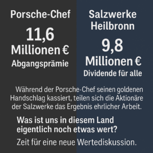Vergleichsgrafik: Links die Dividende der Salzwerke Heilbronn (9,8 Mio € für alle), rechts die Abfindung des Porsche-Chefs (11,6 Mio € für eine Person). Farblich getrennt, sachlich dargestellt. Zeigt symbolisch die wirtschaftliche Schieflage zwischen Realwirtschaft und Führungselite.