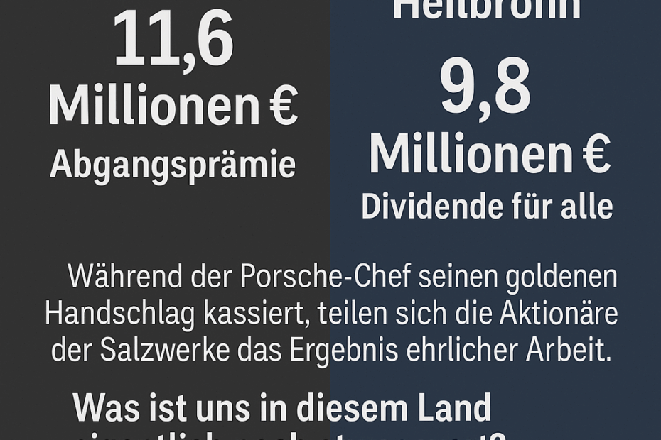 Vergleichsgrafik: Links die Dividende der Salzwerke Heilbronn (9,8 Mio € für alle), rechts die Abfindung des Porsche-Chefs (11,6 Mio € für eine Person). Farblich getrennt, sachlich dargestellt. Zeigt symbolisch die wirtschaftliche Schieflage zwischen Realwirtschaft und Führungselite.