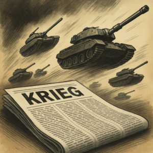Panzer fliegen aus einer Zeitung mit der Überschrift „KRIEG“ – Symbolbild für mediale Kriegsrhetorik