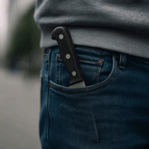Symbolbild zur Messerkriminalität in Deutschland: Messergriff ragt aus der Hosentasche einer neutral gekleideten Person