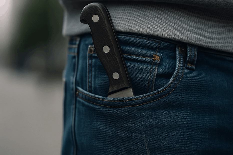 Symbolbild zur Messerkriminalität in Deutschland: Messergriff ragt aus der Hosentasche einer neutral gekleideten Person