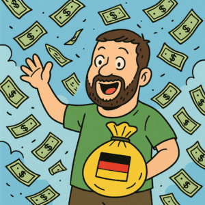 Karikatur eines Mannes im grünen Shirt mit Geldsack (deutsche Flagge), umgeben von Dollar-Scheinen – Symbolbild für Sondervermögen Ukraine Hilfe