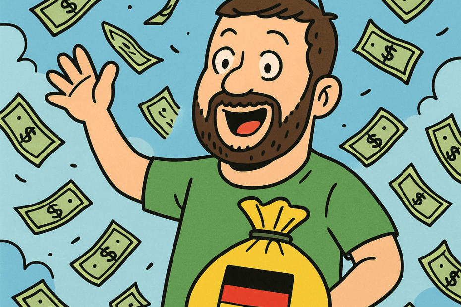 Karikatur eines Mannes im grünen Shirt mit Geldsack (deutsche Flagge), umgeben von Dollar-Scheinen – Symbolbild für Sondervermögen Ukraine Hilfe