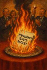 Satirische Darstellung eines brennenden Verfassungsschutzberichts, der von festlich gekleideten Personen gefeiert wird – Symbolbild für den politischen Umgang mit dem AfD-Gutachten.