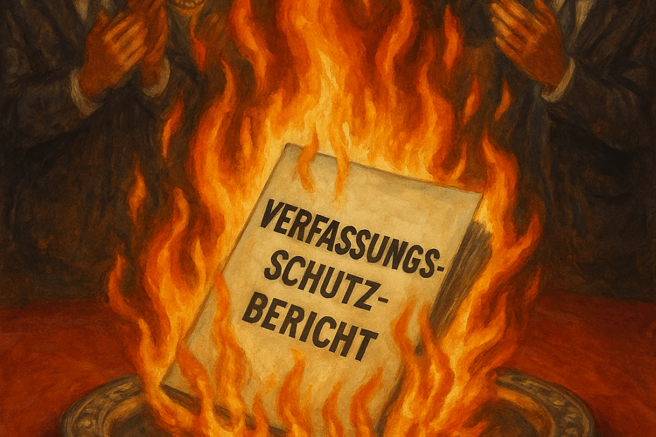 Satirische Darstellung eines brennenden Verfassungsschutzberichts, der von festlich gekleideten Personen gefeiert wird – Symbolbild für den politischen Umgang mit dem AfD-Gutachten.