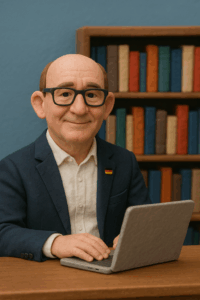 Stilisierte Illustration von Gordon Stotz am Laptop, Symbolbild für politische Arbeit in der Region