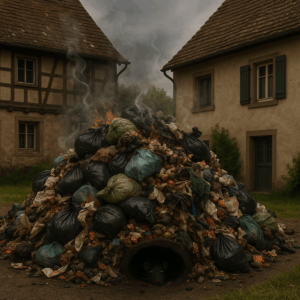 Ein großer stinkender Müllberg vor zwei ländlichen deutschen Wohnhäusern, aus dem Abflussloch darunter blitzen die Augen einer Ratte.