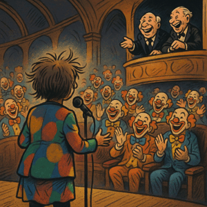 Satirisches Symbolbild: Eine kleine, bunt gekleidete Frau mit wirrem Haar steht von hinten am Mikrofon in einem übertriebenen Theatersaal. Im Publikum lauter Clowns, die lachend applaudieren. Oben rechts zwei alte Herren in einer Loge, die sich köstlich amüsieren. Stil: Karikatur, klar als politische Satire erkennbar.