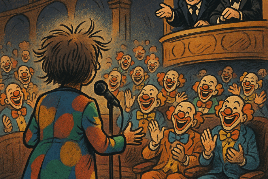 Satirisches Symbolbild: Eine kleine, bunt gekleidete Frau mit wirrem Haar steht von hinten am Mikrofon in einem übertriebenen Theatersaal. Im Publikum lauter Clowns, die lachend applaudieren. Oben rechts zwei alte Herren in einer Loge, die sich köstlich amüsieren. Stil: Karikatur, klar als politische Satire erkennbar.