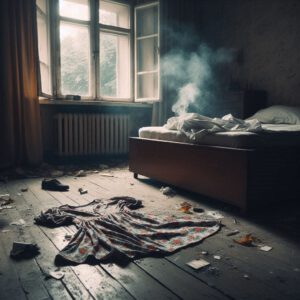 Ein zerrissenes Kleid liegt auf dem Boden eines heruntergekommenen Zimmers, neben einem verwüsteten Bett. Symbol für das, was nach einer Tat zurückbleibt.