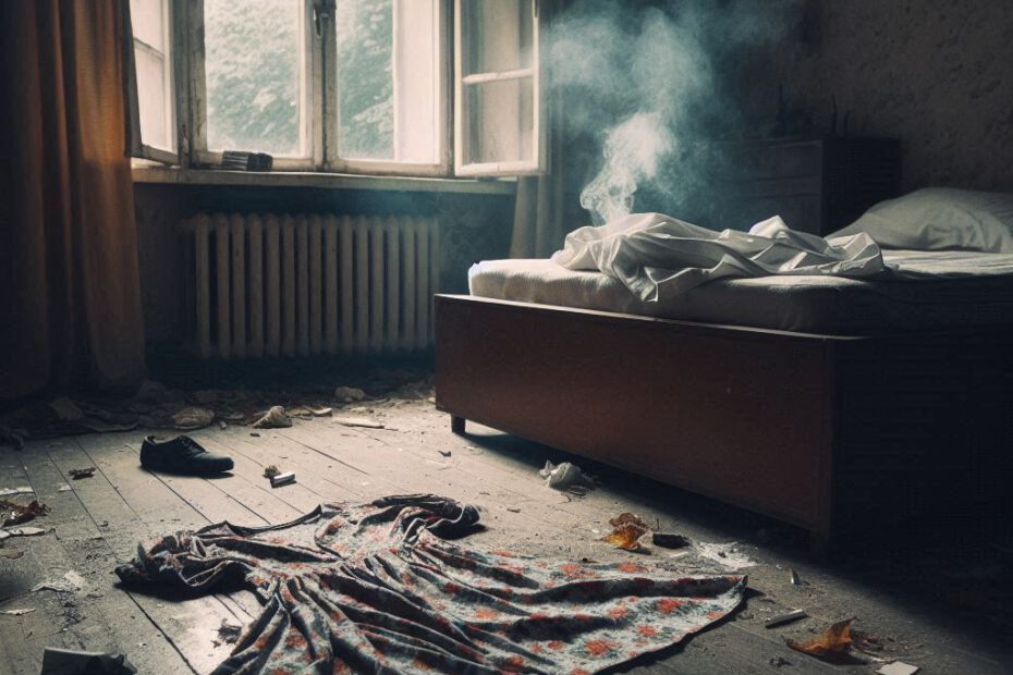 Ein zerrissenes Kleid liegt auf dem Boden eines heruntergekommenen Zimmers, neben einem verwüsteten Bett. Symbol für das, was nach einer Tat zurückbleibt.