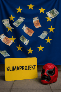 EU-Flagge mit flatternden Geldscheinen, davor ein Schild mit „Klimaprojekt“ und eine rote Wrestlingmaske