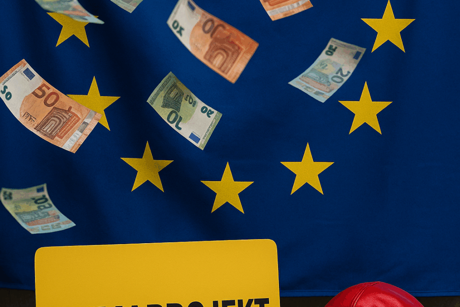 EU-Flagge mit flatternden Geldscheinen, davor ein Schild mit „Klimaprojekt“ und eine rote Wrestlingmaske