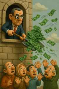 Ein Politiker schaufelt Geld aus dem Fenster
