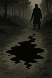 Eine dunkle Gestalt mit leuchtenden Augen steht in einem nebligen Wald auf einem Weg. Vor ihr zieht sich eine schwarze, blutähnliche Pfütze durch den Weg – Symbol für die Tat und das Opfer.