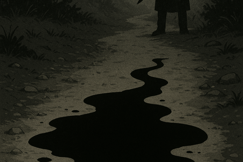 Eine dunkle Gestalt mit leuchtenden Augen steht in einem nebligen Wald auf einem Weg. Vor ihr zieht sich eine schwarze, blutähnliche Pfütze durch den Weg – Symbol für die Tat und das Opfer.