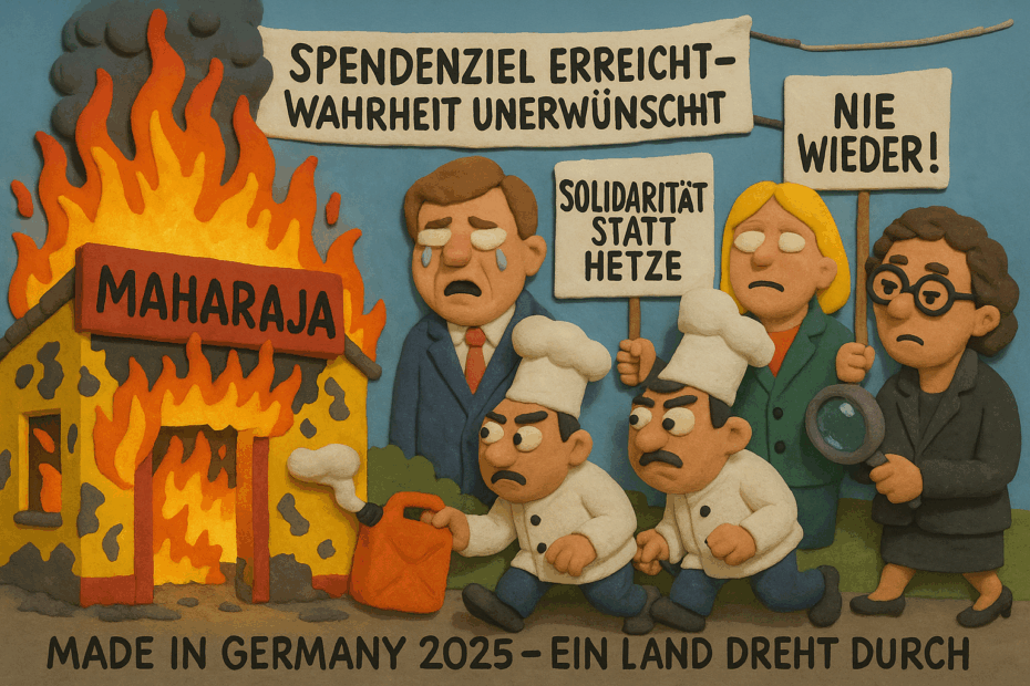 „Claymation-Karikatur eines brennenden Restaurants mit flüchtenden Köchen und demonstrierenden Politikern, inspiriert vom vorgetäuschten Maharaja-Anschlag in Aachen 2025“