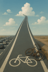 Leerer Fahrradweg mit Radweg-Markierung, der in den Himmel führt, daneben eine volle Autobahn mit Autos, am Rand liegt ein verlassenes Fahrrad.
