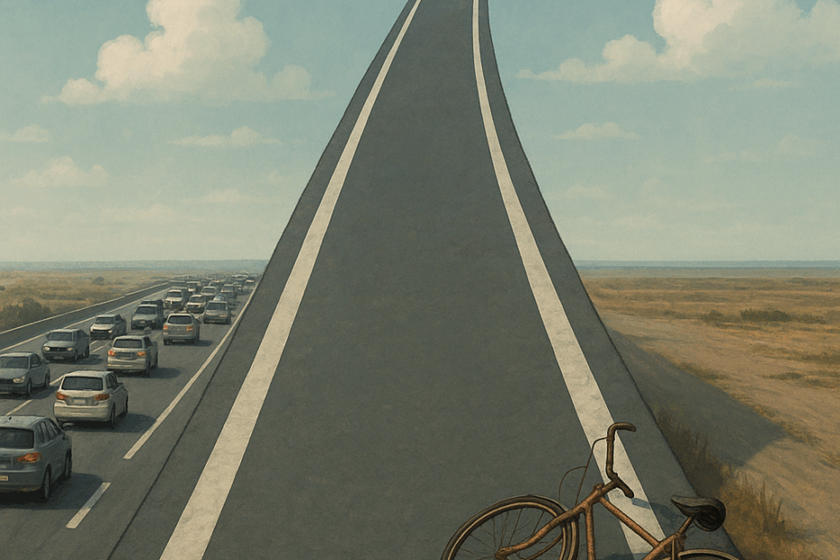 Leerer Fahrradweg mit Radweg-Markierung, der in den Himmel führt, daneben eine volle Autobahn mit Autos, am Rand liegt ein verlassenes Fahrrad.