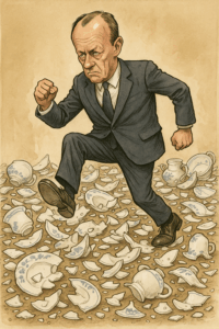 Illustration eines Mannes im Anzug mit ernstem, wütendem Gesichtsausdruck, der durch eine große Menge zerbrochenes Porzellan trampelt. Die Szene symbolisiert die rücksichtlose Zerstörung politischer Beziehungen und von Vertrauen.