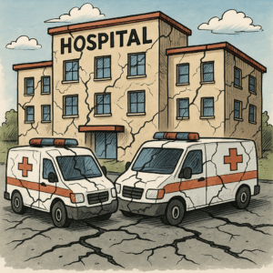 Comic-Zeichnung eines Krankenhauses mit Rissen – Symbol für die versteckten Kosten der gesetzlichen Krankenversicherung.