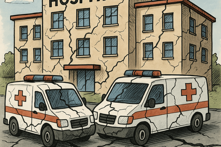 Comic-Zeichnung eines Krankenhauses mit Rissen – Symbol für die versteckten Kosten der gesetzlichen Krankenversicherung.