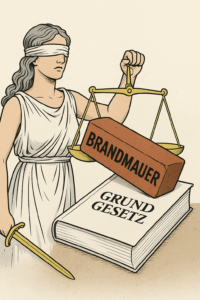 Justitia mit Waage, ein Ziegelstein mit der Aufschrift „Brandmauer“ drückt die Waagschale nach unten und erschlägt symbolisch das Grundgesetz.