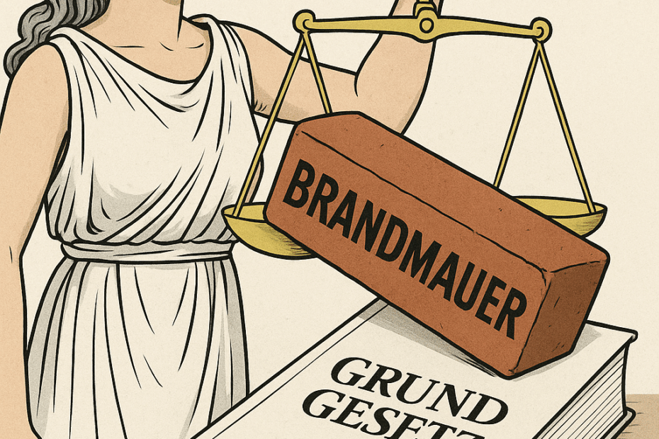 Justitia mit Waage, ein Ziegelstein mit der Aufschrift „Brandmauer“ drückt die Waagschale nach unten und erschlägt symbolisch das Grundgesetz.
