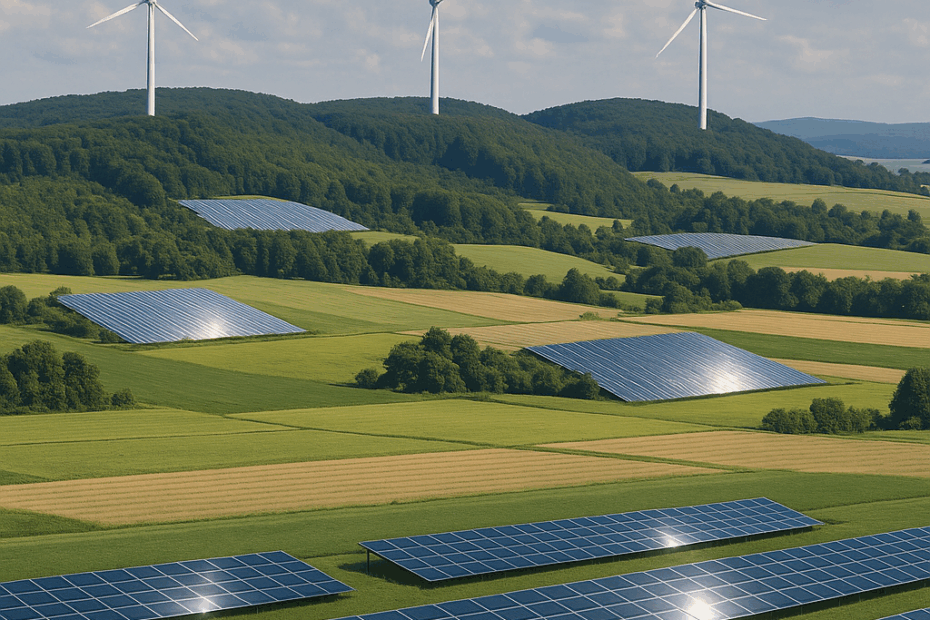 Symbolische Landschaft mit Windrädern auf den Hügeln und großflächigen Solarparks auf Feldern – Sinnbild für den massiven Eingriff in Natur und Landschaft.