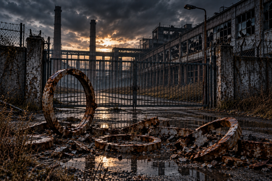 Rostige Metallringe vor einem verlassenen und verfallenen Fabrikgelände hinter einem verschlossenen Werkstor