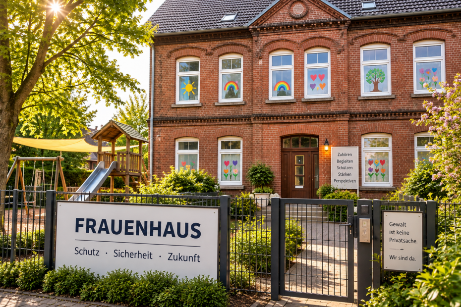 Symbolische Darstellung eines Frauenhauses mit geschütztem Eingang, Zaun und Spielplatz
