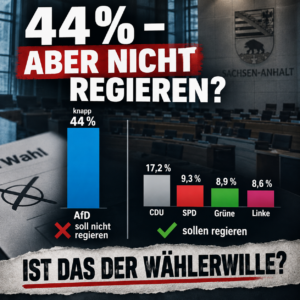 Politische Grafik zum Artikel „Wenn die AfD gewinnt, zählt der Wählerwille plötzlich nicht mehr?“. Sie stellt das Ergebnis der AfD von knapp 44 Prozent den Ergebnissen mehrerer deutlich kleinerer Parteien gegenüber und thematisiert die Frage nach Wählerwillen, Regierungsbildung und Brandmauer.