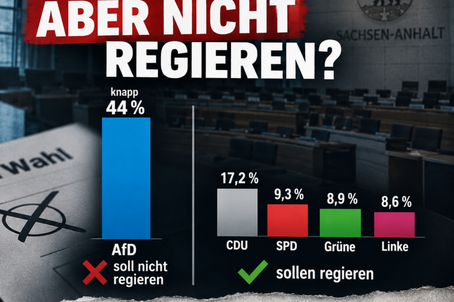 Politische Grafik zum Artikel „Wenn die AfD gewinnt, zählt der Wählerwille plötzlich nicht mehr?“. Sie stellt das Ergebnis der AfD von knapp 44 Prozent den Ergebnissen mehrerer deutlich kleinerer Parteien gegenüber und thematisiert die Frage nach Wählerwillen, Regierungsbildung und Brandmauer.